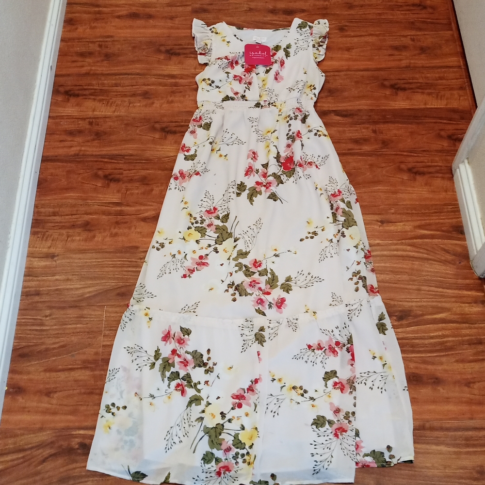 Floral Ruffle Sleeve Maxi Dress - White with Pink & Green